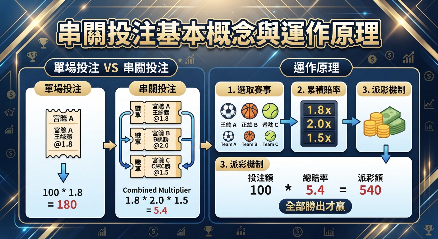 圖片展示了「串關投注基本概念與運作原理」，詳細對比單場與串關投注的差異及派彩計算機制。 圖中透過圖表清晰解析多場賽事賠率相乘的運作原理與「全部勝出才贏」的核心規則。