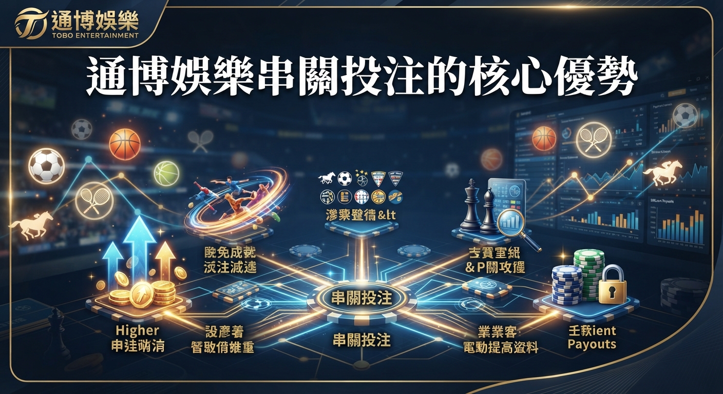 畫面中央清晰顯示「通博娛樂串關投注的核心優勢」標題，背景則是結合數位科技感與體育賽事元素的精美圖表設計。 整體視覺融合了賠率曲線、籌碼與多元運動圖示，展現出專業且高效的投注氛圍。
